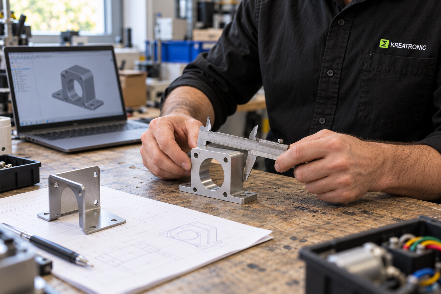 Illustrative close-up of a technician measuring a motor-mount bracket beside a design sketch.