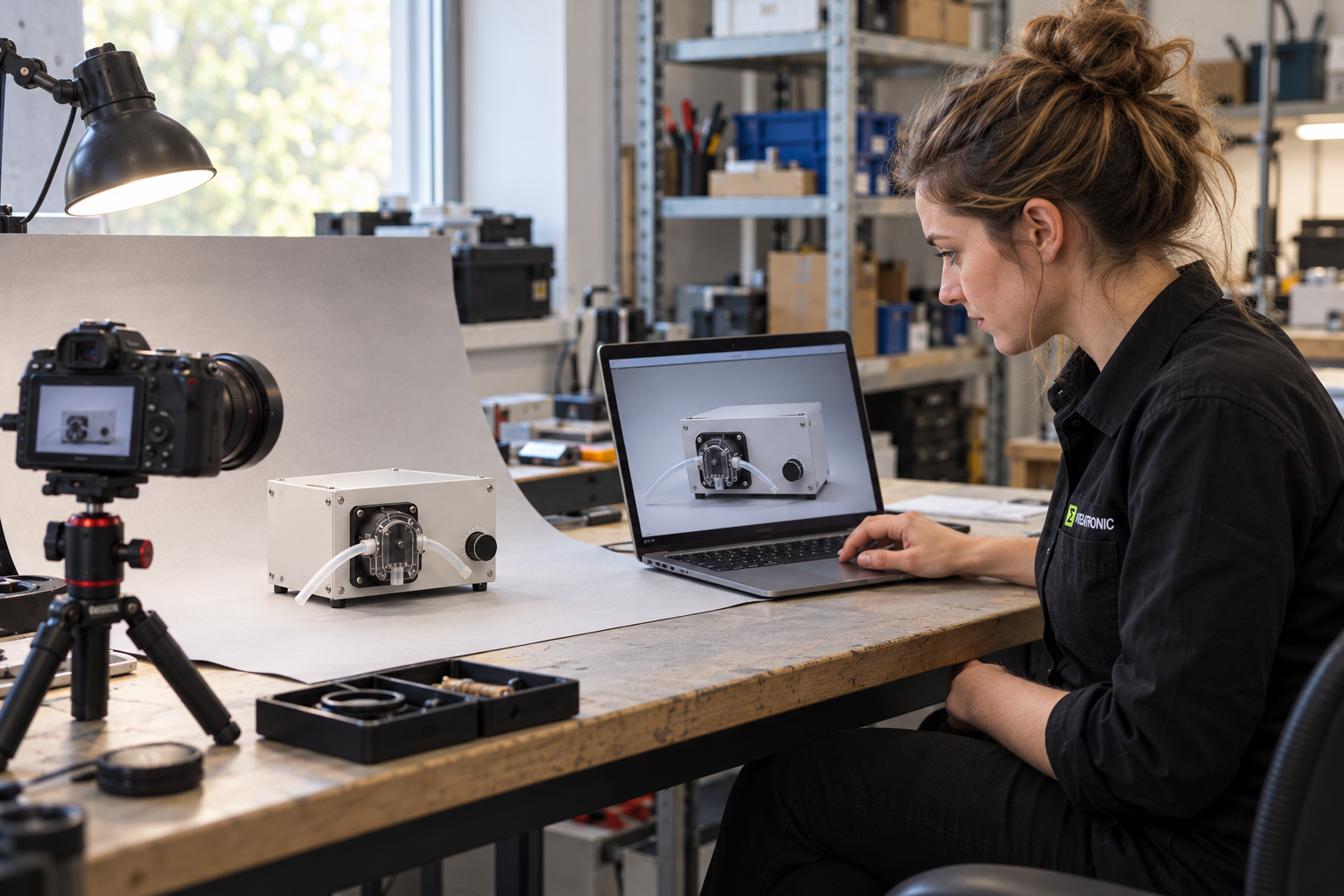 Illustrative workshop scene of product photography being prepared for marketing content.