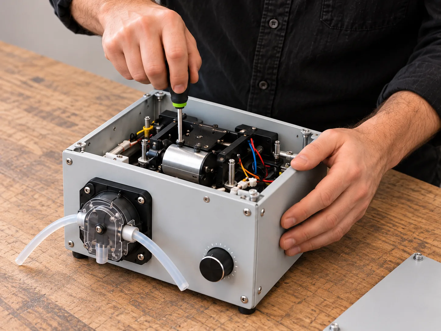 Illustrative close-up of hands fastening an internal mounting screw in a tabletop dosing pump.