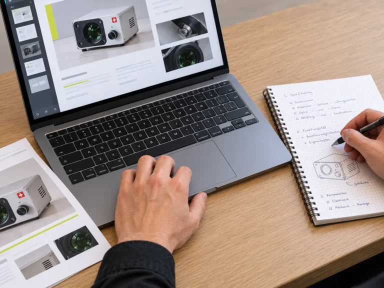 Illustrative close-up of hands working on projector marketing material using a laptop and notebook.