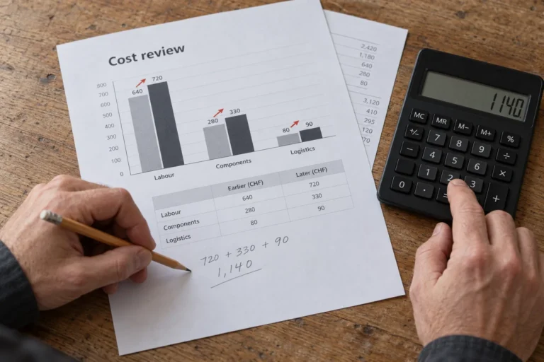 Illustrative close-up of hands using a calculator and pencil beside a chart of rising labour, component and logistics costs.