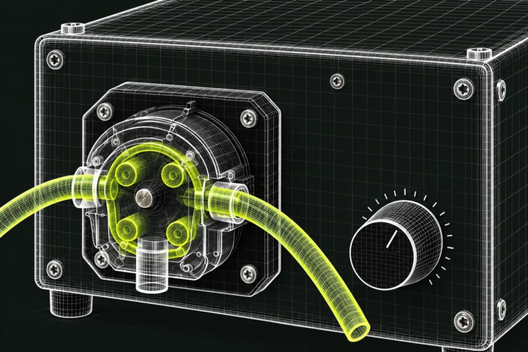 Illustrative white and lime wireframe close-up of a dosing pump on a dark background.