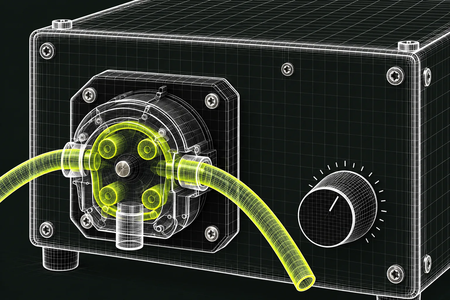 Illustrative white and lime wireframe close-up of a dosing pump on a dark background.