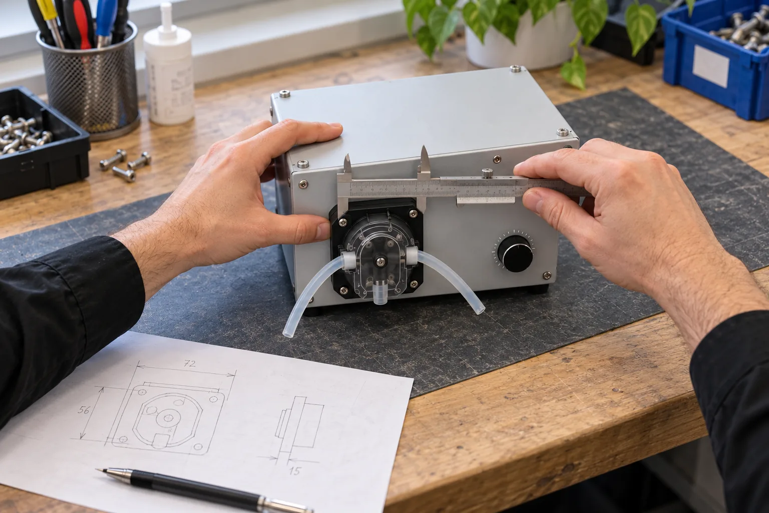 Illustrative close-up of hands using a caliper beside a dosing pump and a design sketch.