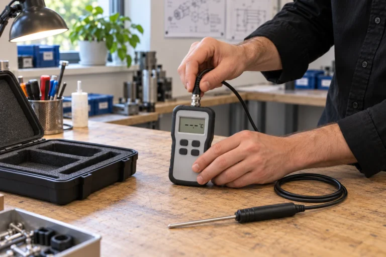 Illustrative close-up of hands connecting a temperature-meter probe cable beside a protective case.