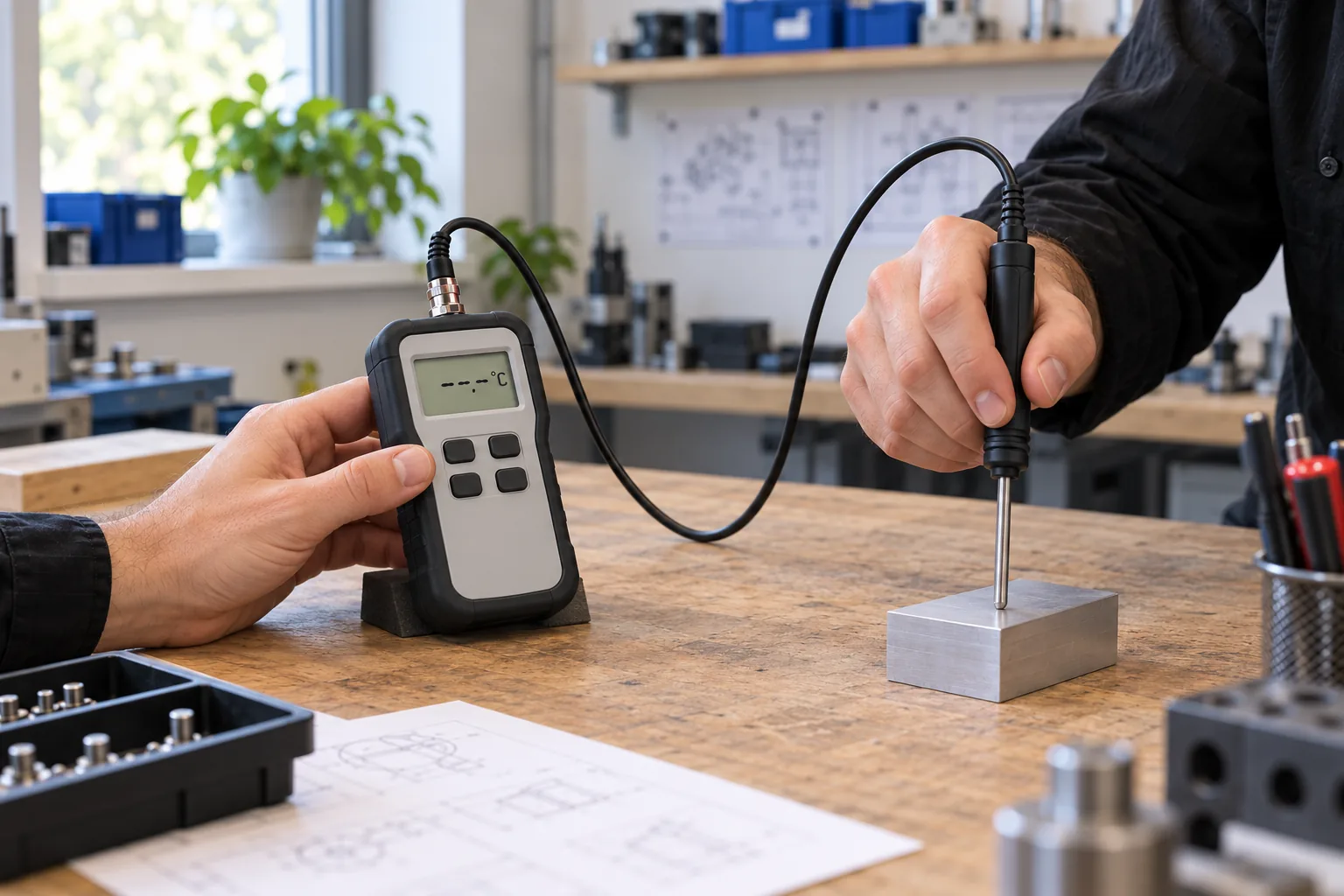 Illustrative close-up of hands checking a temperature probe against a small metal block.