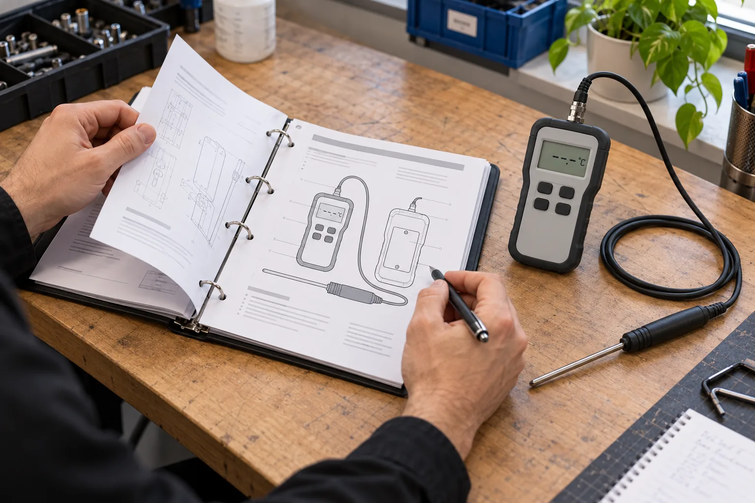 Illustrative close-up of hands reviewing technical diagrams beside a temperature meter and connected probe.
