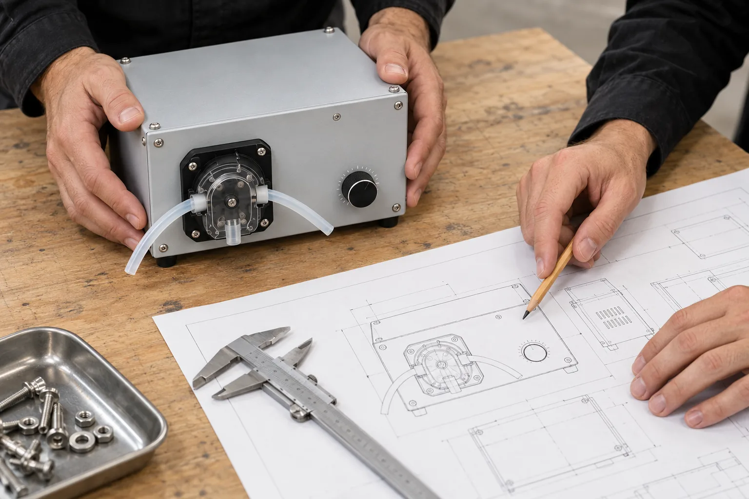 Illustrative engineering review: hands examine a compact dosing pump beside a drawing and caliper.