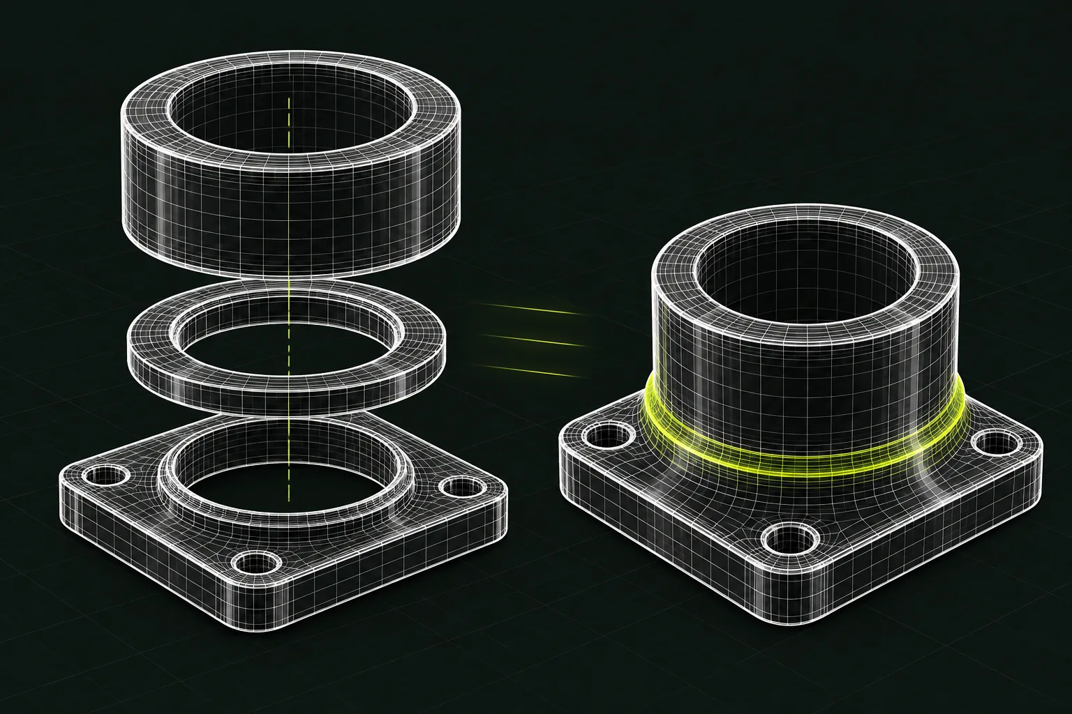 Conceptual wireframe illustration of three separate mechanical forms consolidated into one integrated form.