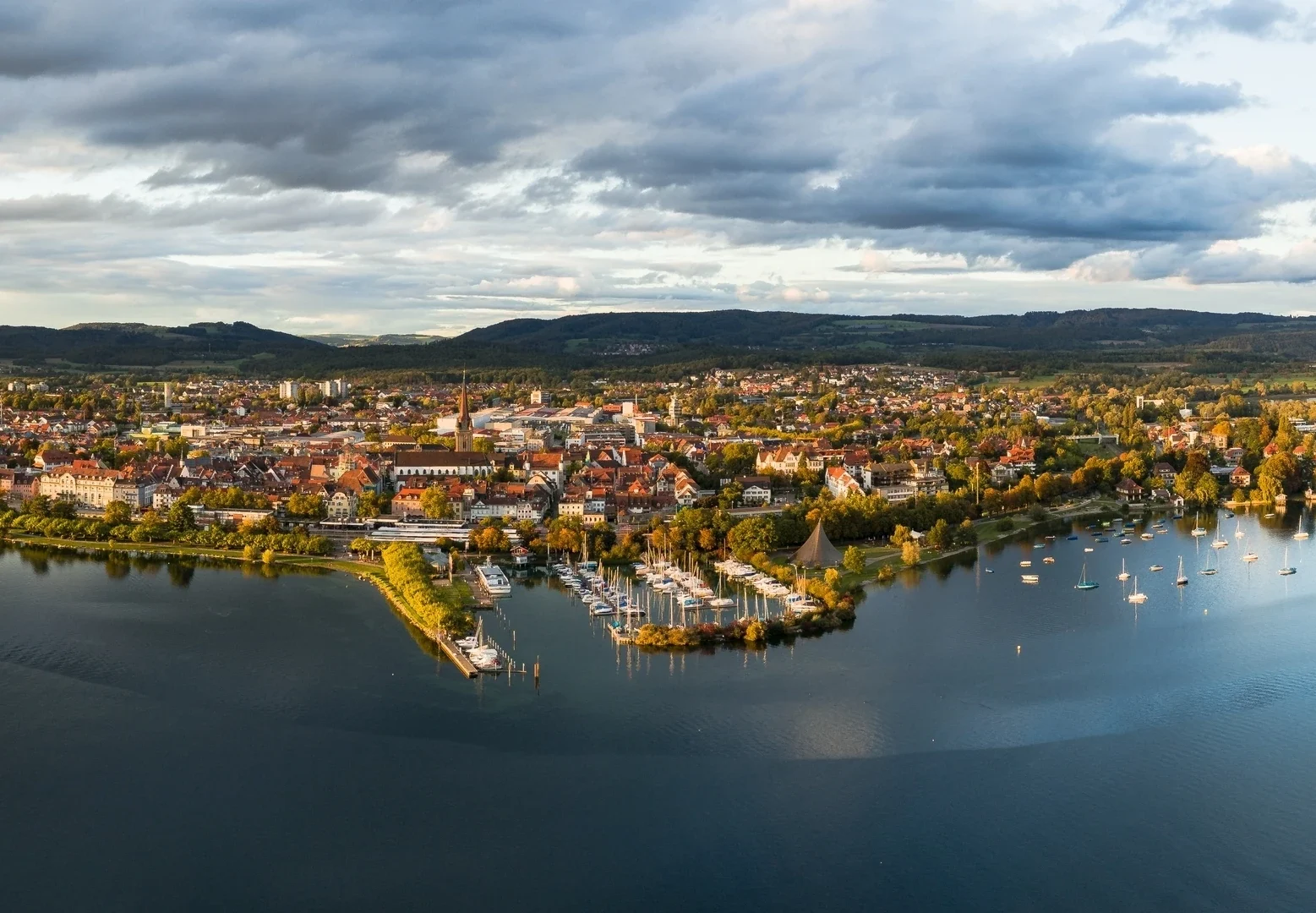 Aerial view of Radolfzell old town and harbour on Lake Constance.