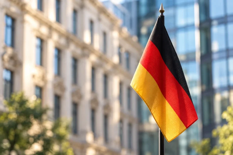 German flag in focus against softly blurred classical stone and modern glass commercial buildings.