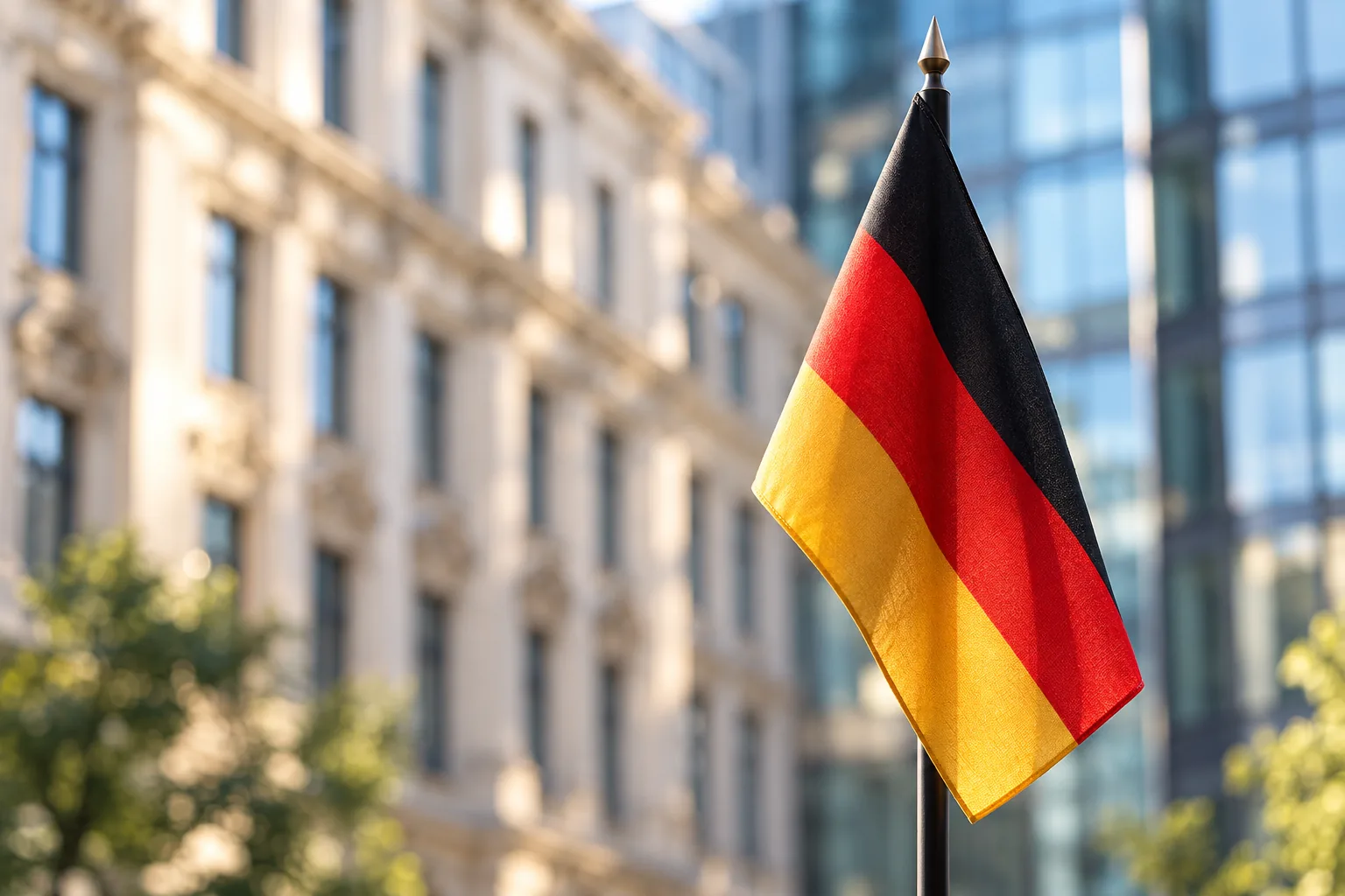 German flag in focus against softly blurred classical stone and modern glass commercial buildings.
